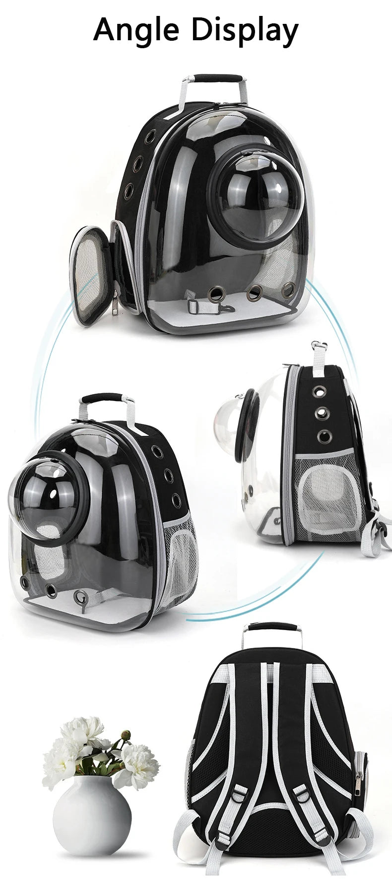 Black pet carrier with transparent front, shown from multiple angles.