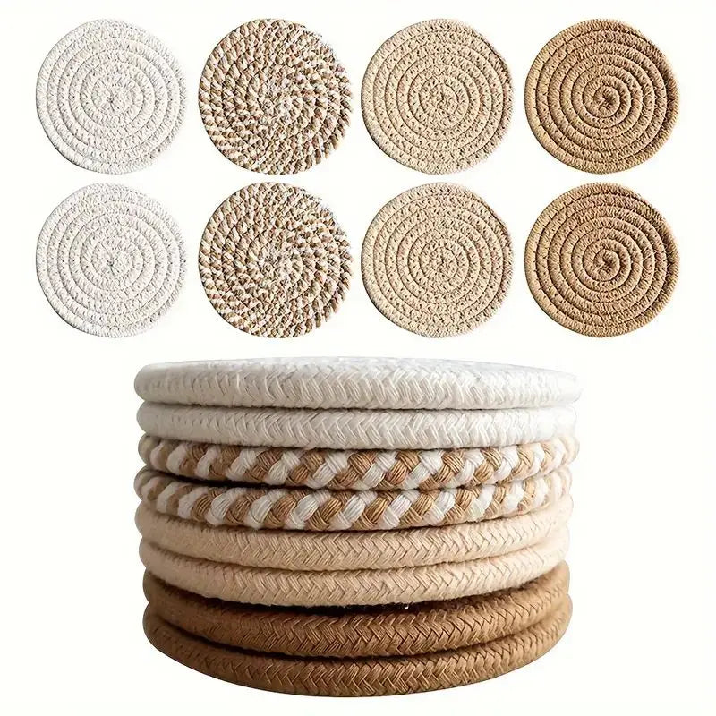8-Piece Cotton Woven Drink Coasters – Minimalist Boho Coffee Table Decor Set