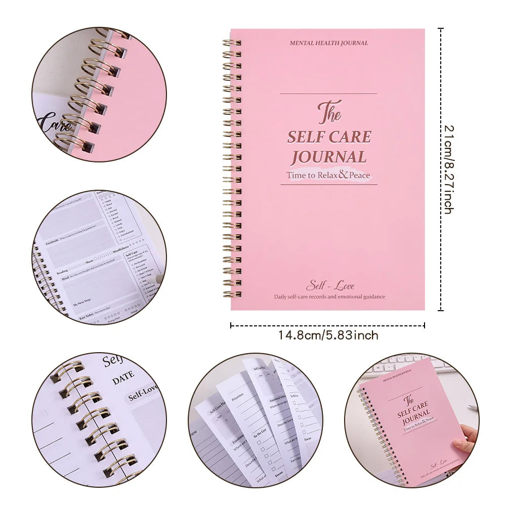 Pink self-care journal with spiral binding and measurement details on a white background