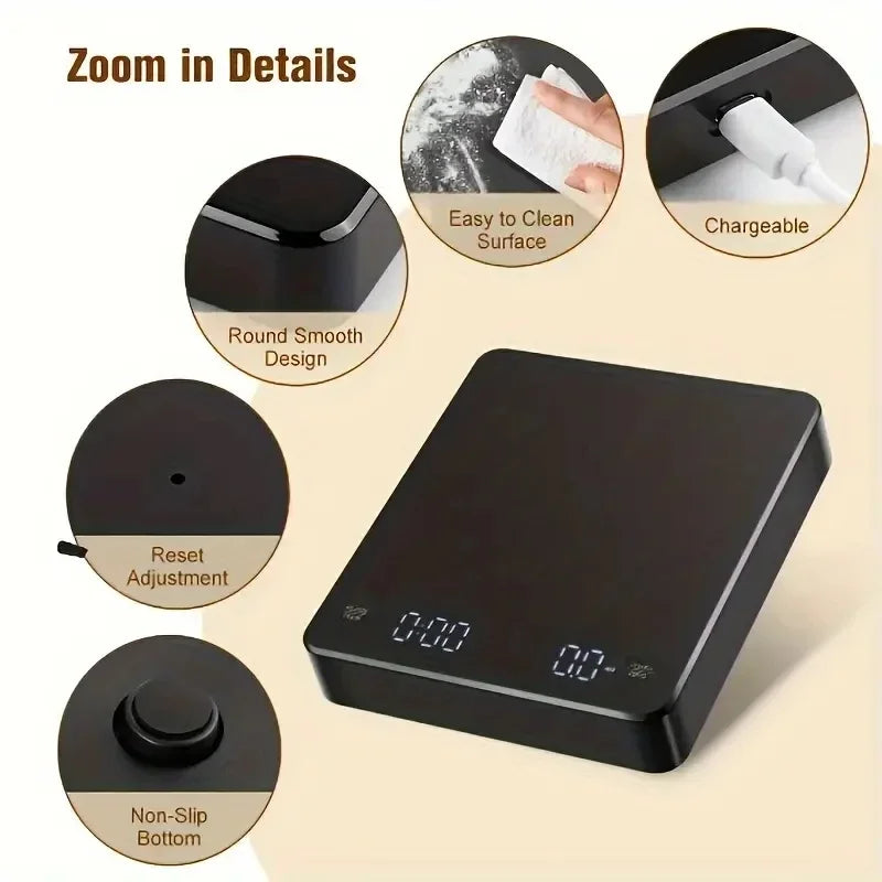 Black digital kitchen scale with features highlighted on a beige background