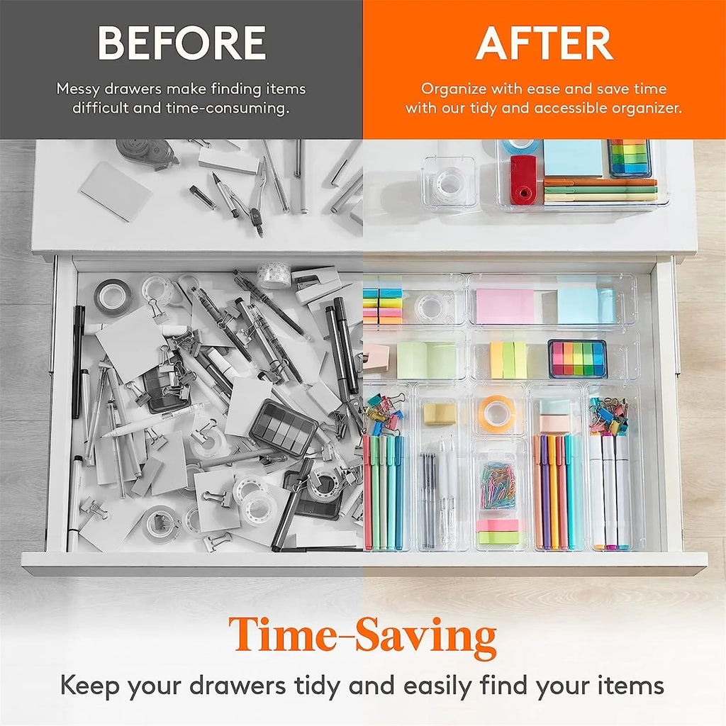 Comparison of a messy drawer with stationery items and an organized drawer with labeled compartments.