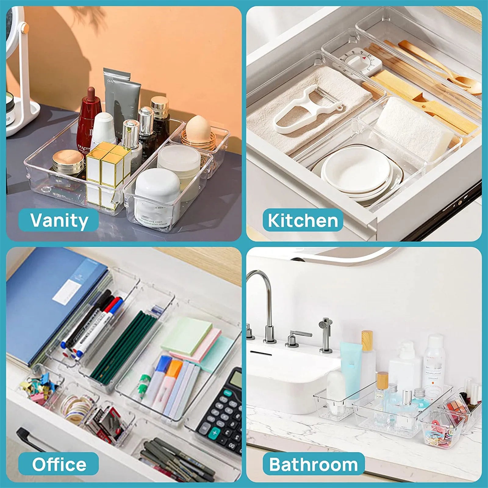 Collage of various uses for a clear acrylic tray including vanity, kitchen, office, and bathroom.