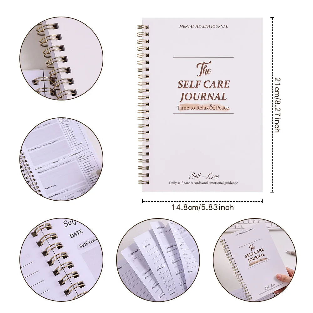Self Care Journal with spiral binding and dimensions displayed