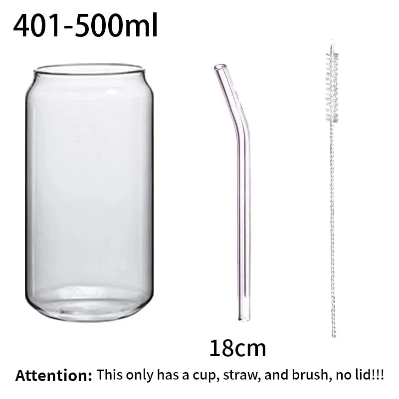 Clear glass cup with straw and brush, dimensions shown, no lid included.