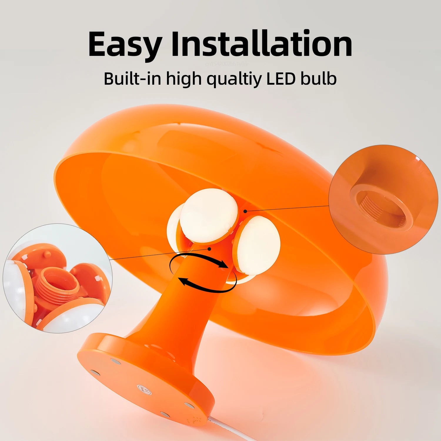 Orange lamp with text about easy installation and high-quality LED bulb