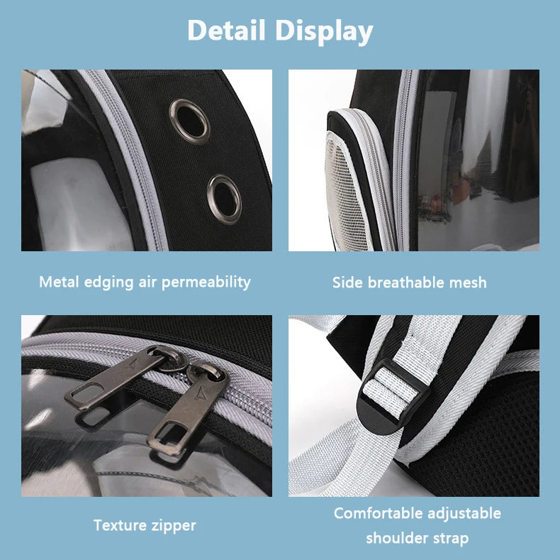 Product detail display with metal edging, breathable mesh, texture zipper, and adjustable shoulder strap on a blue background.